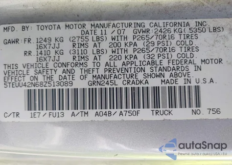 2008 Toyota Tacoma Base V6 из США, поврежденный, VIN 5TEUU42N68Z513089